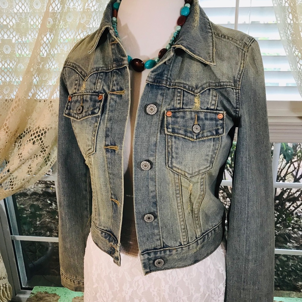 Old Navy Distressed Beaded Boho Jean Jacket